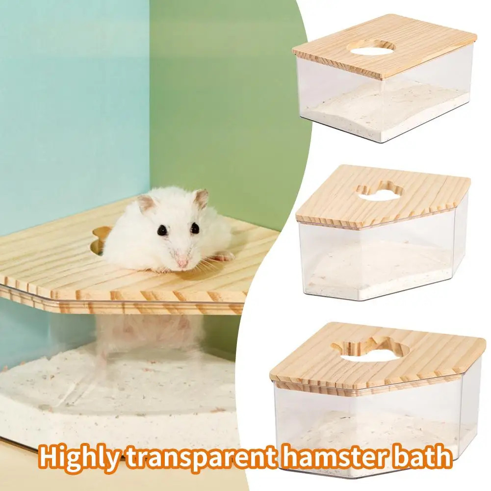 Caixa de banho de areia para hamster, pequena casa de banheiro para animais de estimação, acessórios transparentes, decoração de urso, caixa de areia dourada, banheira e2d3