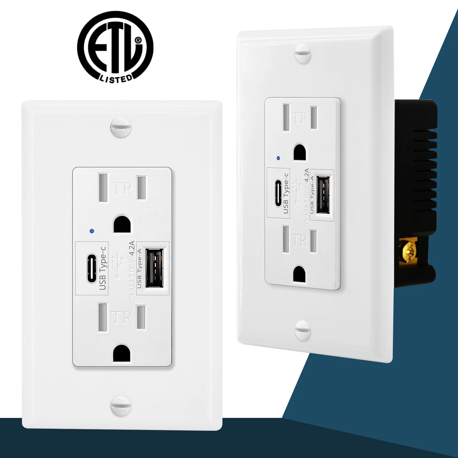 2PK 4.2/5.8A 110V Dual USB Port Type C Wall Socket with LED Indicator Charger AC Power Receptacle  Tamper Resistant Outlet Panel