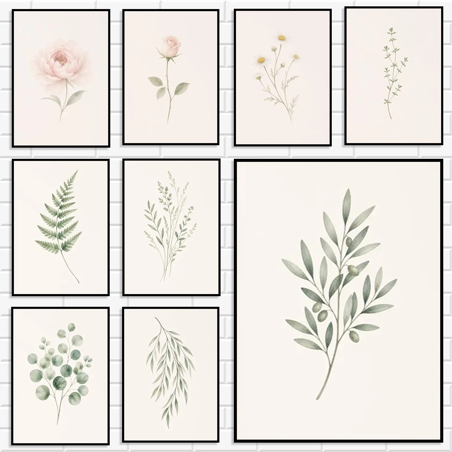 Minimalist Botanical Wall Art Prints Set Watercolor Green Plant Pink Floral Eucalyptus Leaf Canvas Posters Neutral Home Decor
