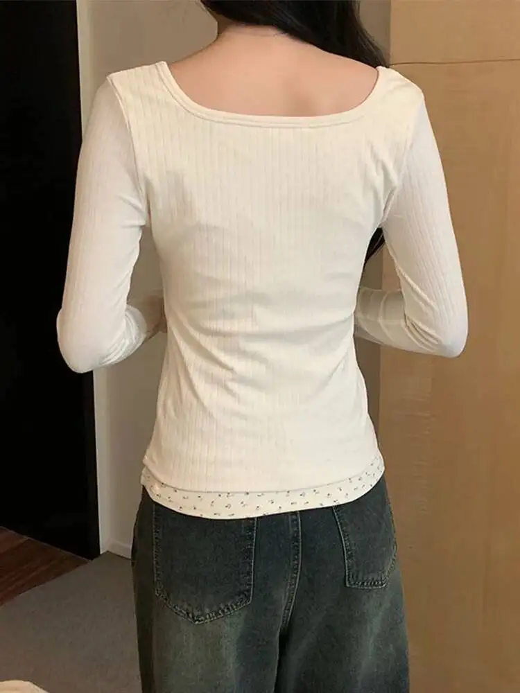 春甘い花パッチワーク長袖 Tシャツ偽ツーピースレース女性トップ痩身 Tシャツファッション韓国スタイルの服
