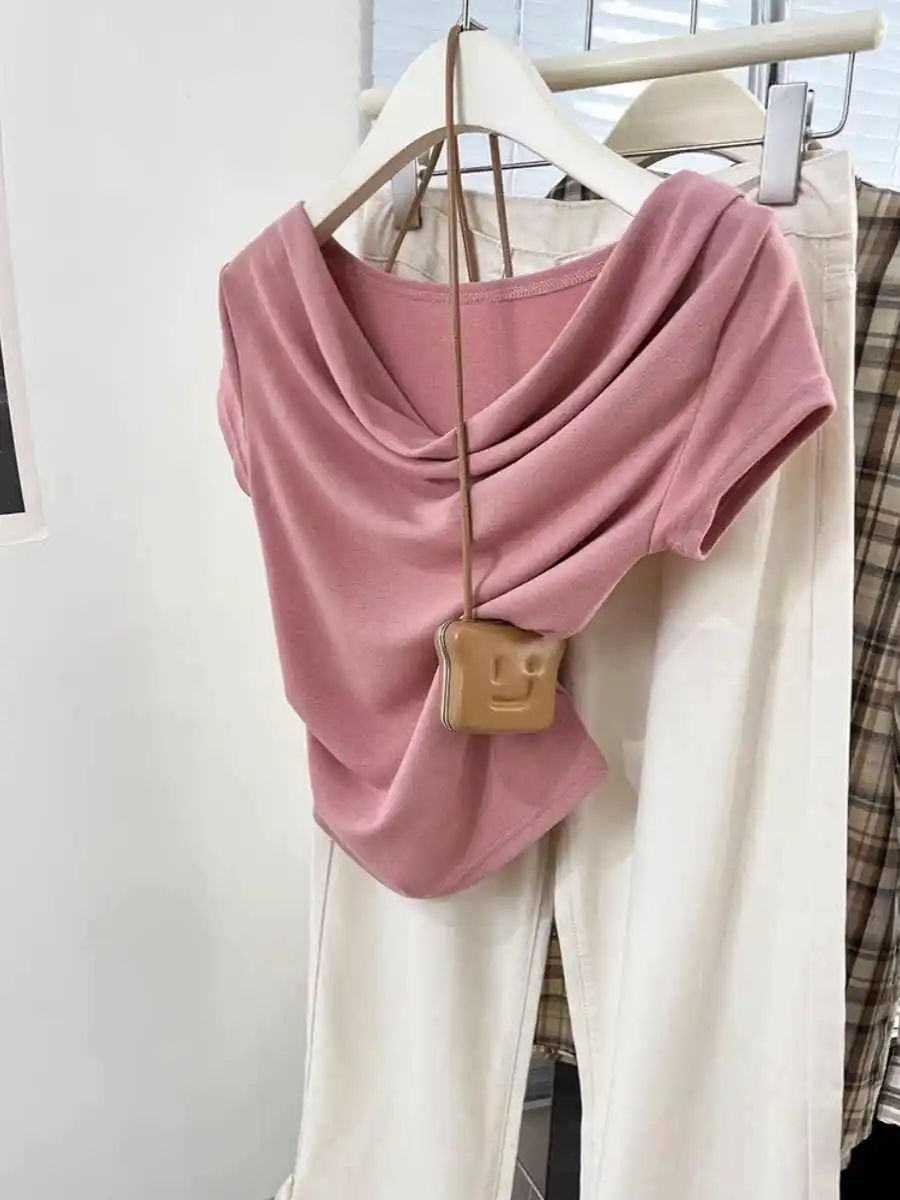 Mode Sommer Frauen T-shirt Einfarbig Weiche Kurzarm Schaukel Kragen Tops Koreanische Sexy Plissee Mädchen Slim Fit Tees