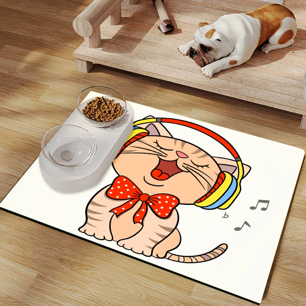 

Милый коврик для кормления домашних животных с изображением кота в бантике и шапочке, нескользящий, защищающий от брызг, для кошек и собак.