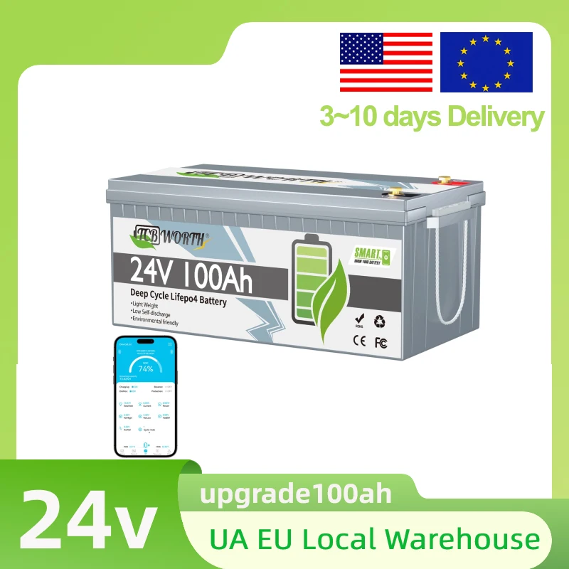 24V 100Ah LiFePO4 Lithium Battery,Temperature Protection BMS,6000+ Cycles LiFePO4 Battery, for RV/Camper,Trolling Motors,Solar