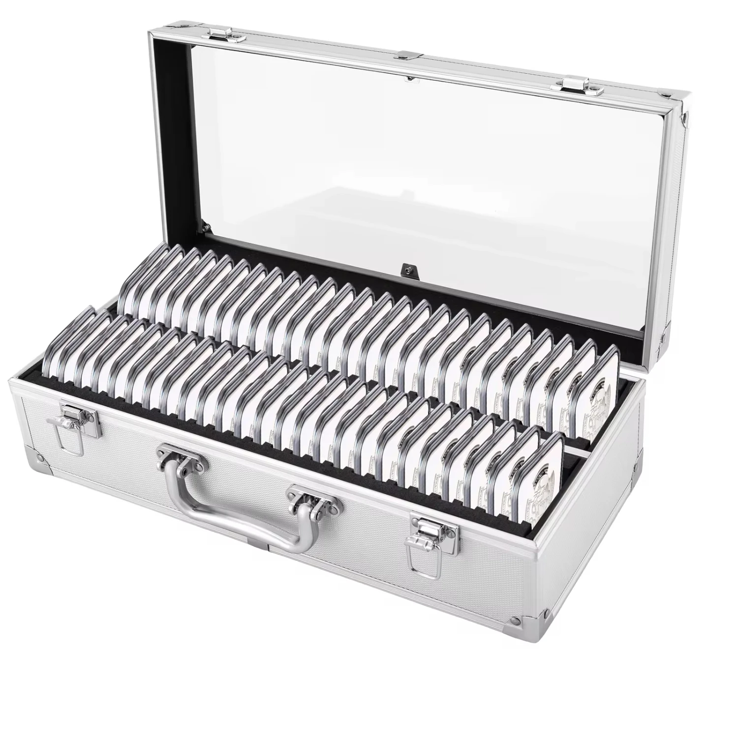 Silver Aluminum  & Display Box Case Holds 50 Coin, Coin Slab Holders, Coin Collector with 50 Slots