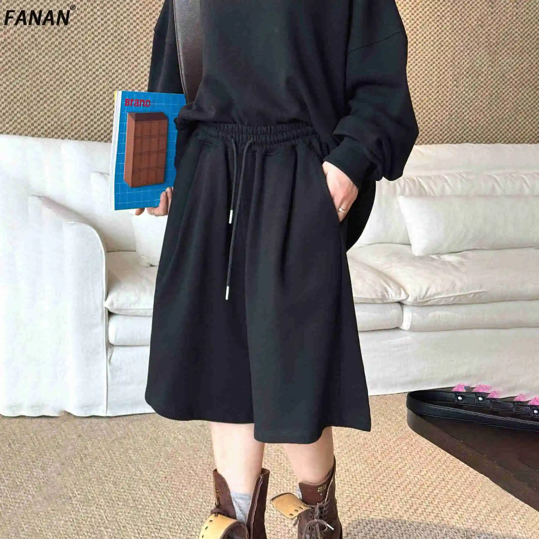 

FANAN Spring Summer New Simple Korean Style Drawstring Elastic Waist Loose Sweatpants Comfortable Mid-Length Pants For Women