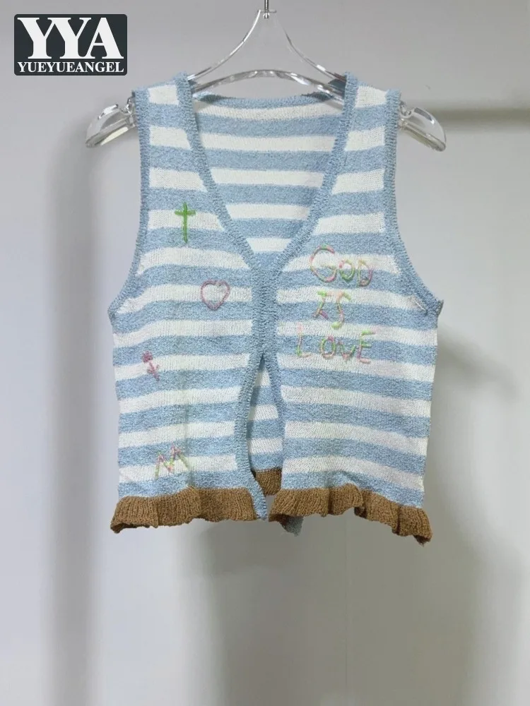 New Sweet Women Sleeveless Pullover Knitted Vest Jacket Beading V-Neck Striped Waistcoat Summer Lady Harajuku Casual Short Tops