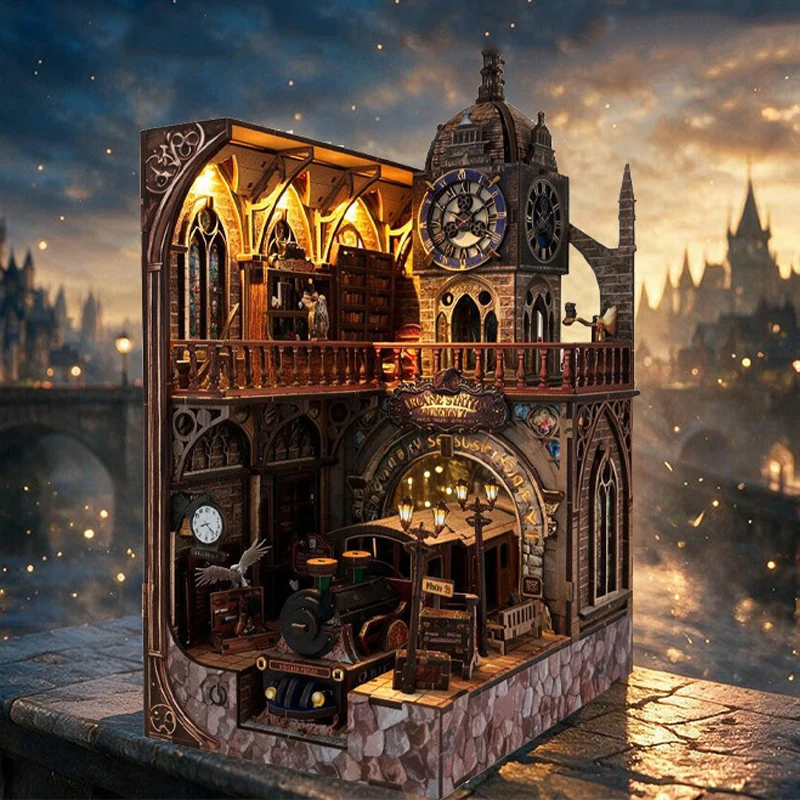 DIY Wooden Train Station Clock Tower Book Nook Shelf Insert Kits Miniature Model Kit Bookend for Friends Birthday Gifts