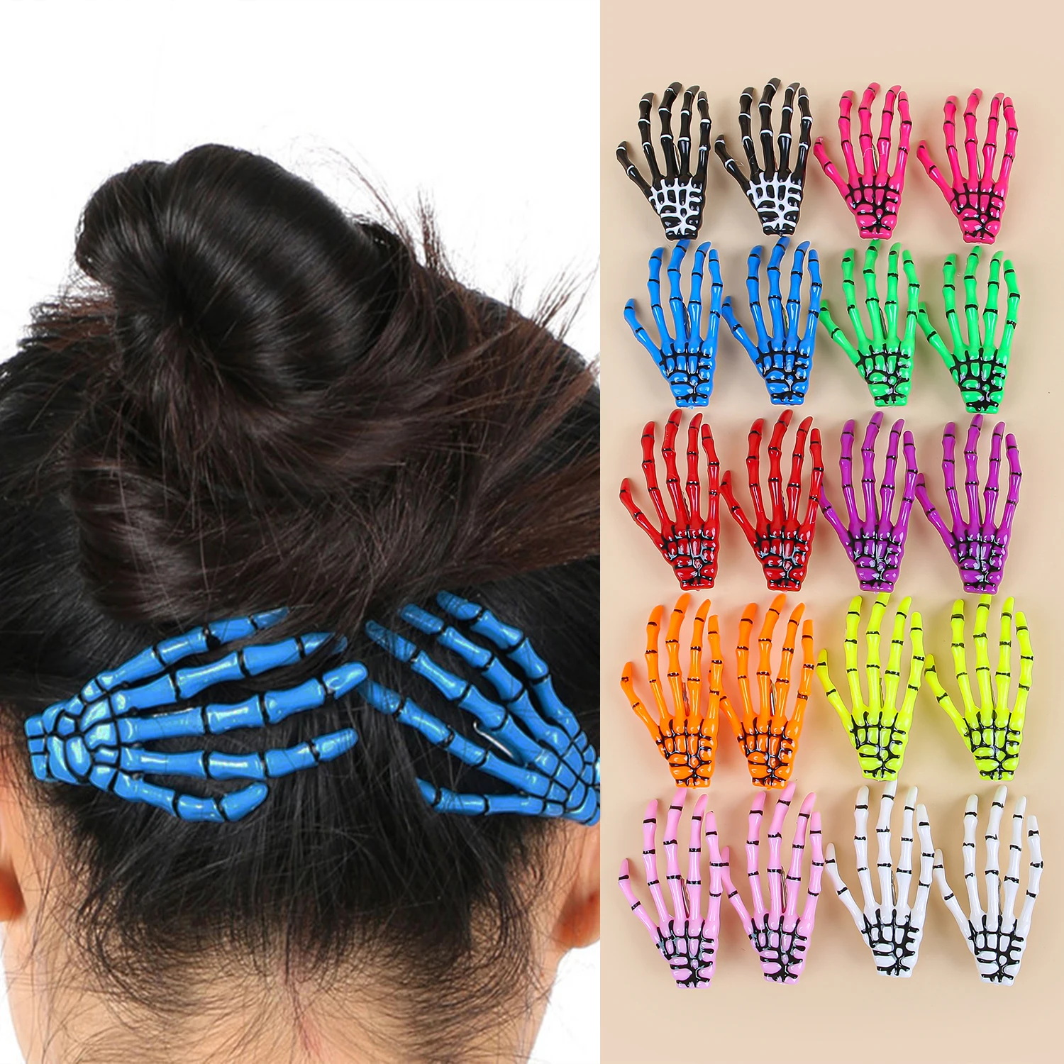 2PCS Creative Skeleton Hand Hair Clip for Women Girl Gothic Style Colorful Hairpin Halloween Makeup Party Hair Accessories