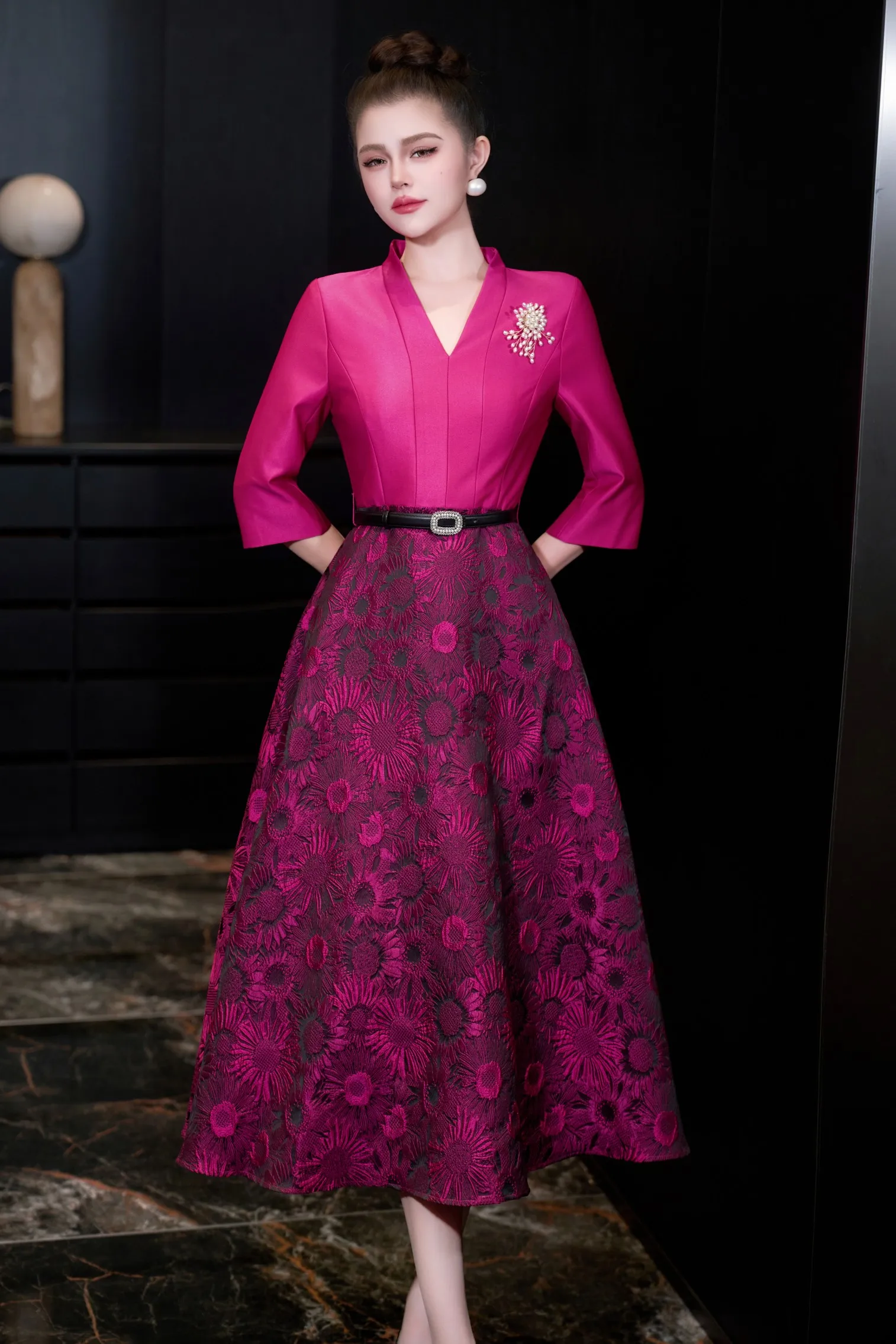 ZJYT primavera nuevo 2026 elegante Midi Vintage vestidos de Jacquard para mujeres mangas tres cuartos cuello en V vestido de fiesta de lujo bata femenina