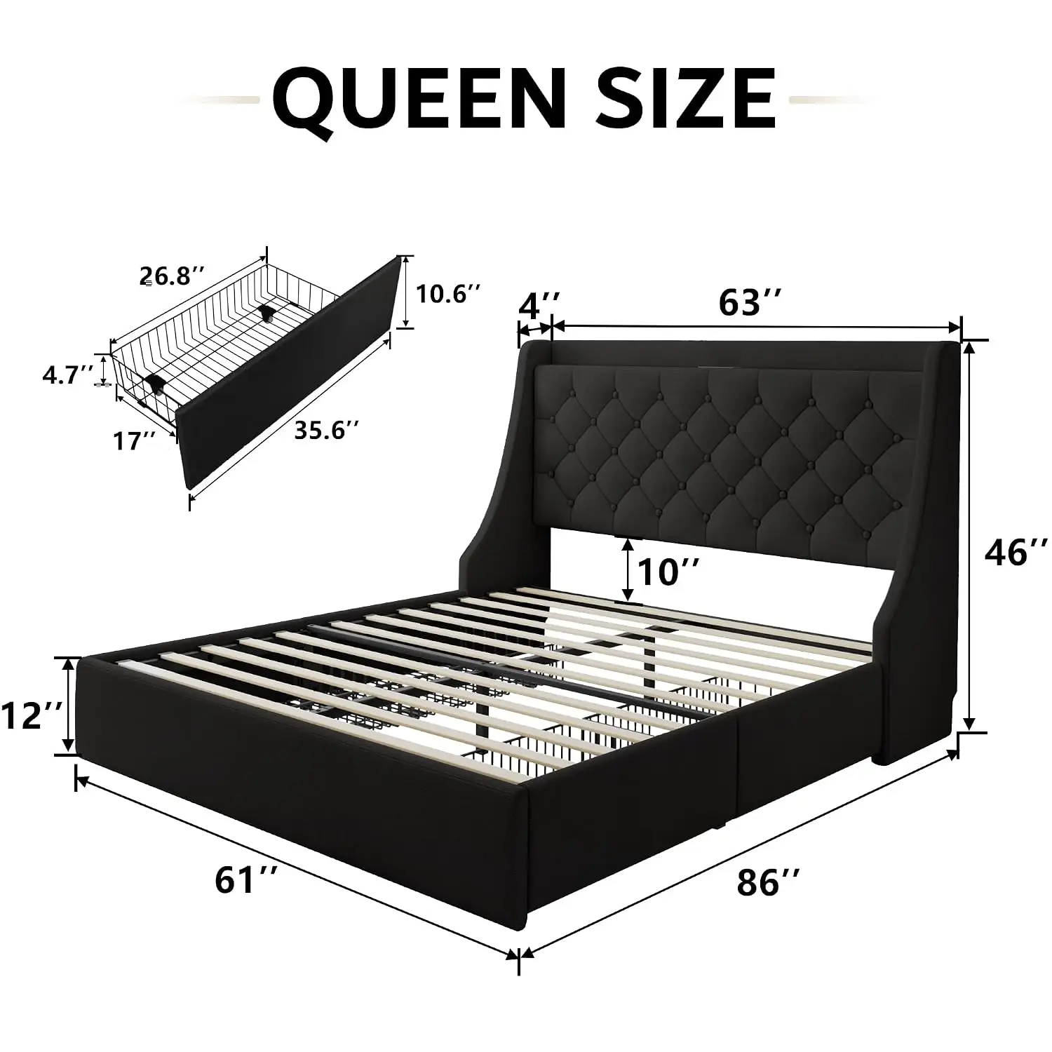 Queen Upholstered Platform Bed with 4 Drawers, Wingback Headboard, USB & Type-C Ports, Wood Slats, No Box Spring, Customized