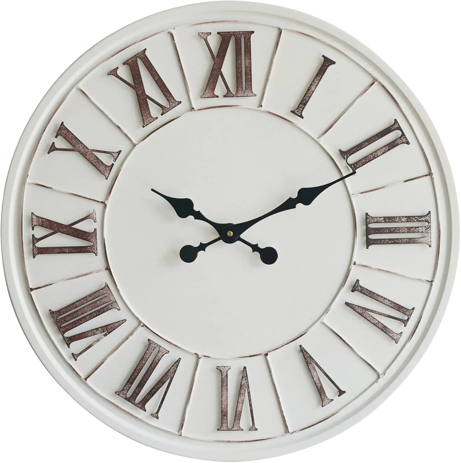 Large Farmhouse Wall Clock - 24 Inch, Rustic White, Distressed Roman Numeral, Metal Face, Battery Operated, Modern Farmhouse Dec