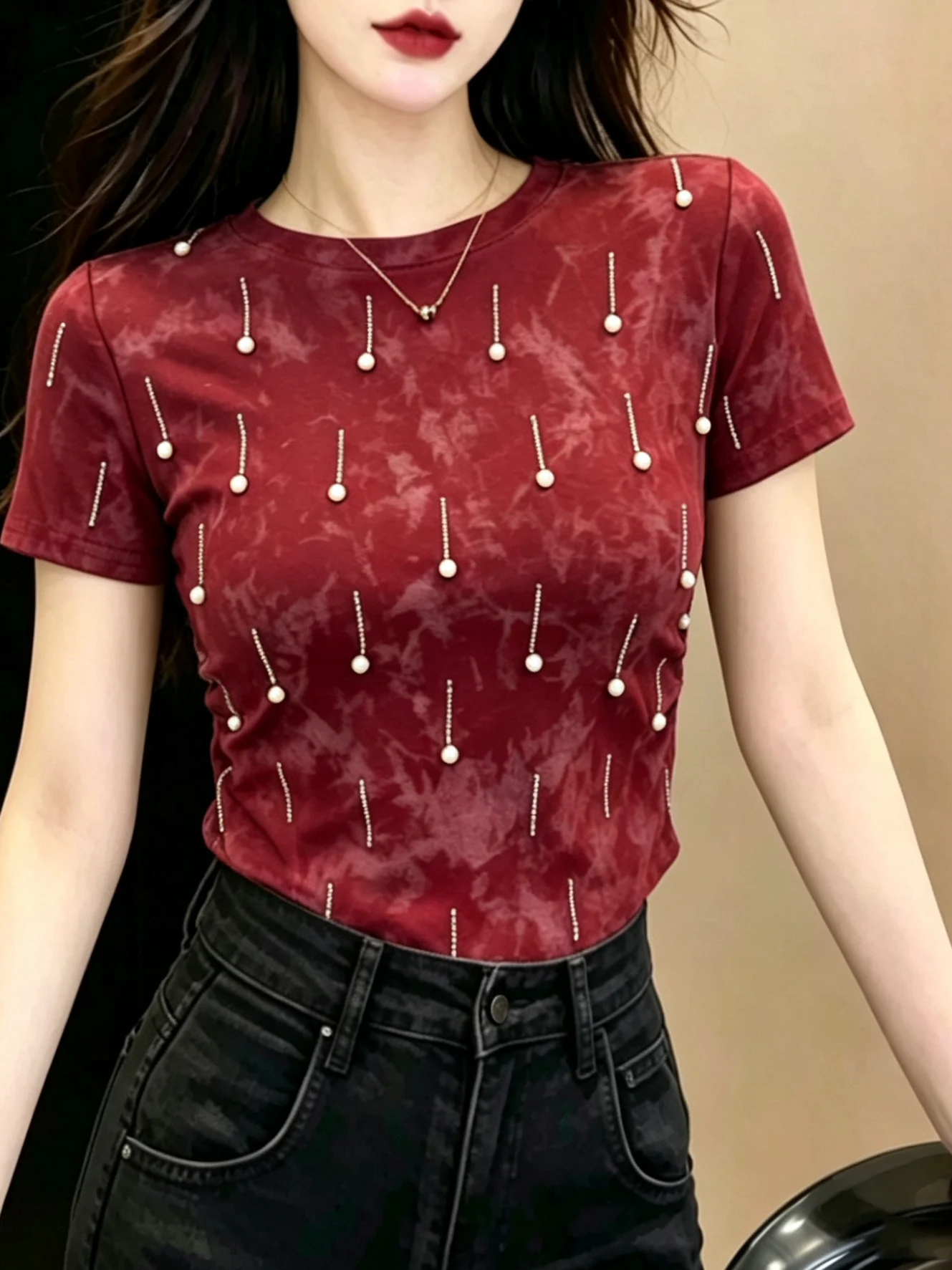 Summer Women's Fashion Heavy Embellished Tie Dye Short Sleeve Slim Fit T-Shirt Casual Style round Neck Top for Ladies