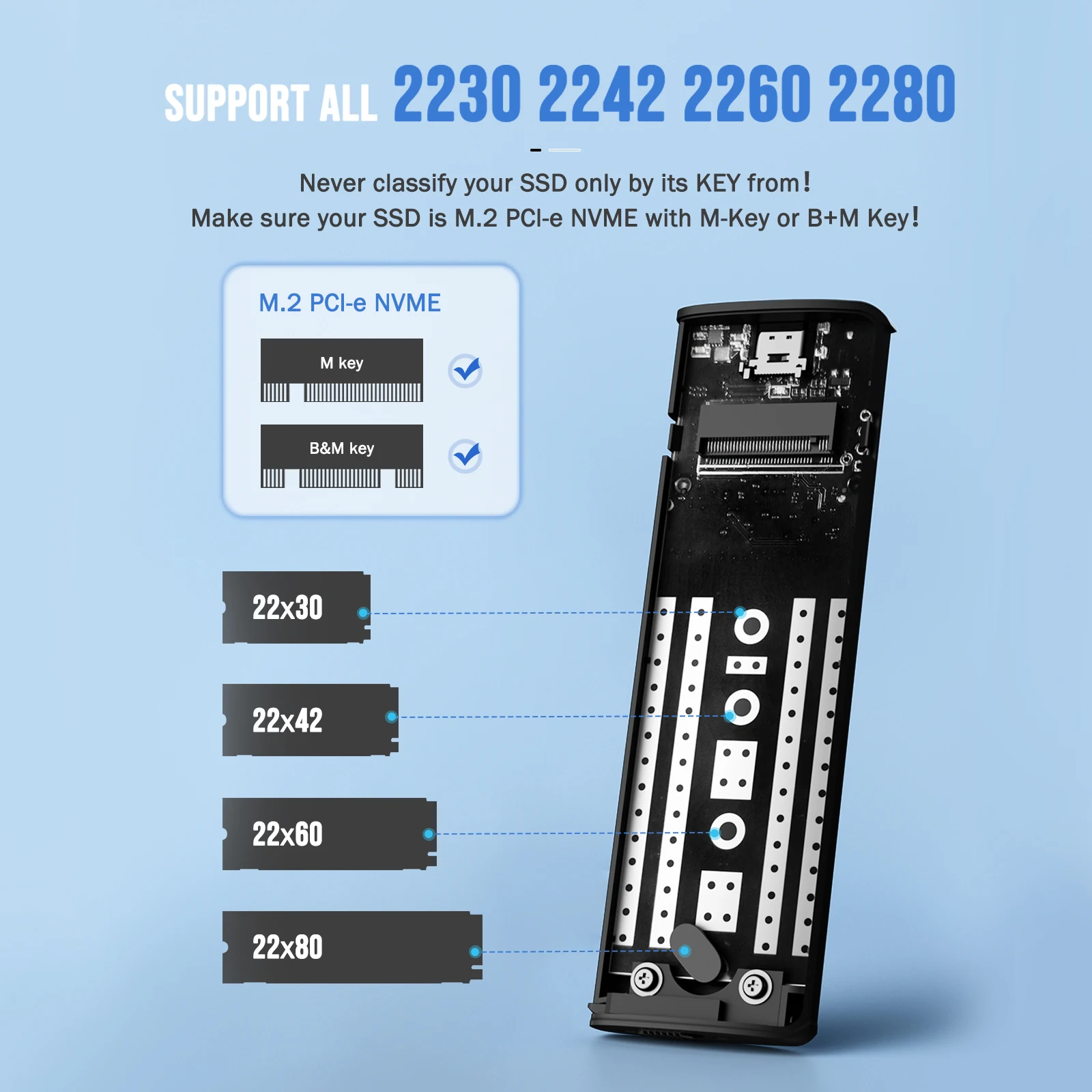 Lemorele 외장 하드 드라이브용 SSD 인클로저, M.2 NVMe USB 3.1, 10Gbps PCIe M.2 SSD 케이스, M, B + M 키, M.2 SSD