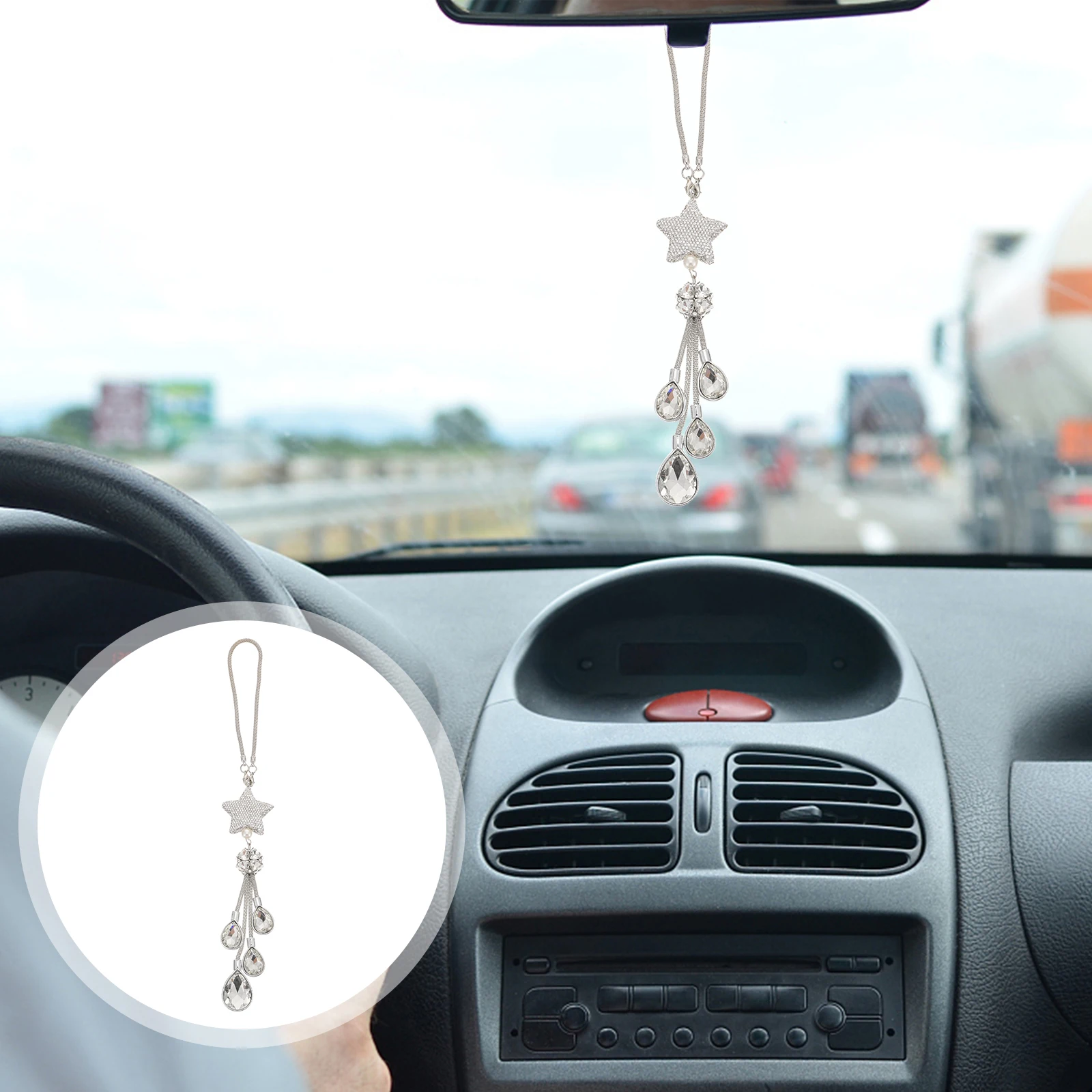 

1pc Rearview Mirror Rhinestone Hanging Decor Alloy Ornament Auto Rear View Mirror Charm Gift Hanging Decor Car Supplies Car