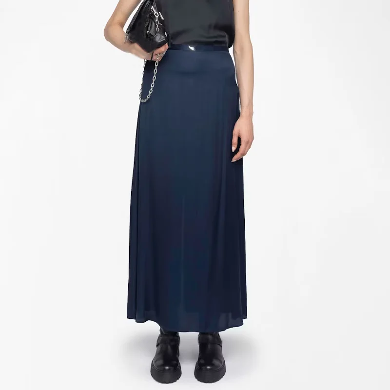 

Women Navy Blue Skirts Casual Zip Wing Skirts Female Skirt Casual Knee Length Dress Elegant Lady Satin Solid Skirt
