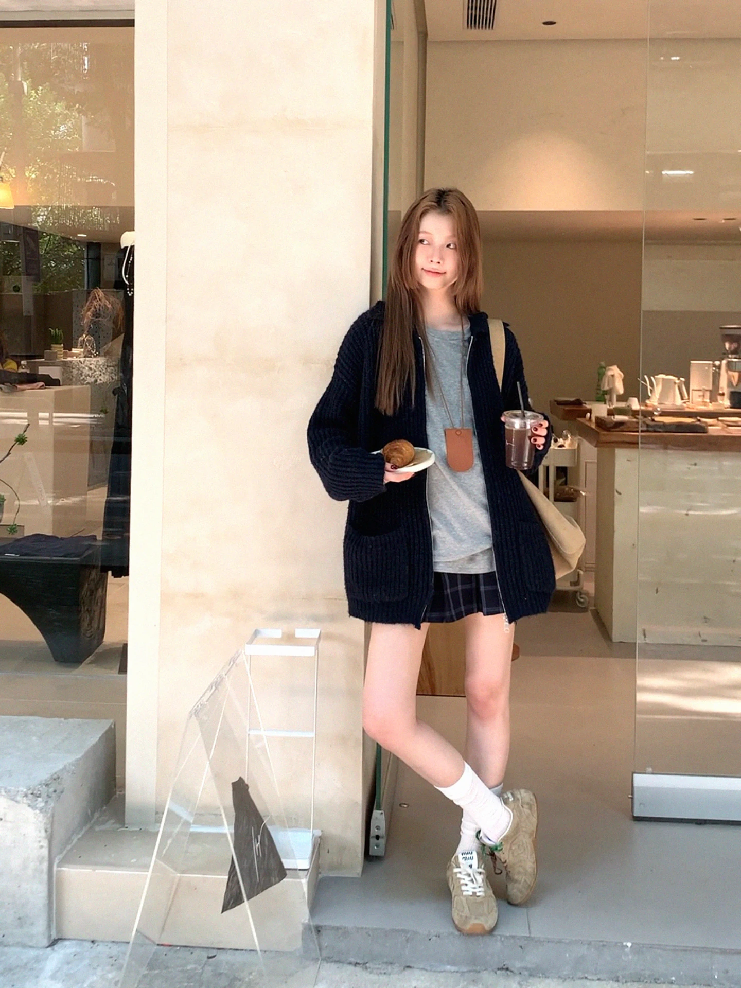 

Синий свободный вязаный шерстяной открытый кардиган, женский топ ранней осени, корейский свитер Aosphere Lazy Sle, пальто G Sle