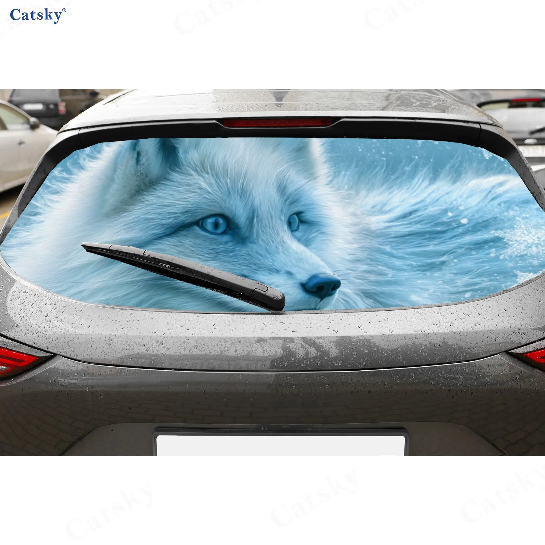 

Blue-Eyed White Fox Ice Cold PVC Perforated Car Vinyl Wraps, Durable Car Rear Windshield Sticker, Waterproof Car Rear Window De