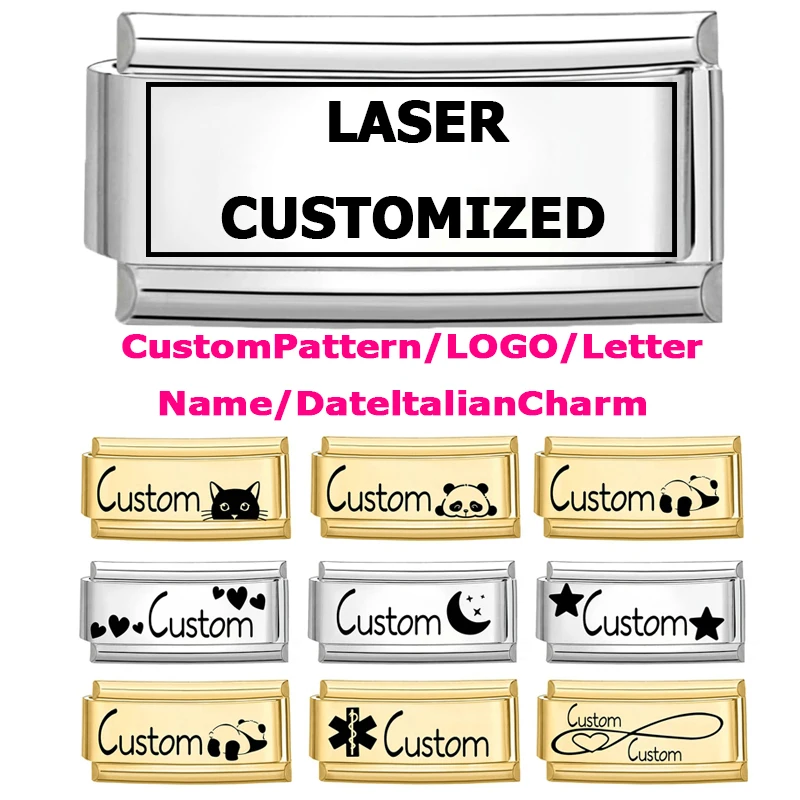 Personalization Customized Italian Long Charm Stainless Steel Laser Engraving Name Logo Pattern DIY Making Jewelry Accessories