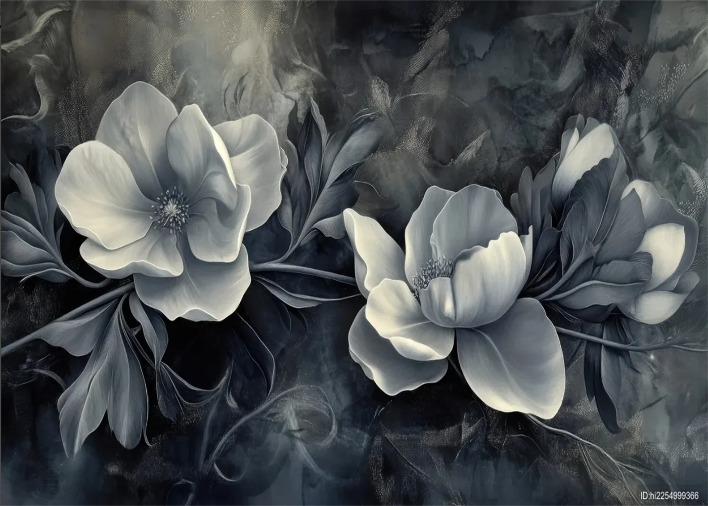 

Настенная роспись на заказ: элегантные цветочные узоры в черно-белых тонах, эффект объемной живописи маслом, цветочный мурал.