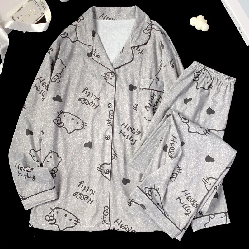 

Hello Kitty Women Pajama Sets Kawaii Cartoon Student Spring and Autumn Leisure Long Sleeves Long Pants Lapel Homewear New Style