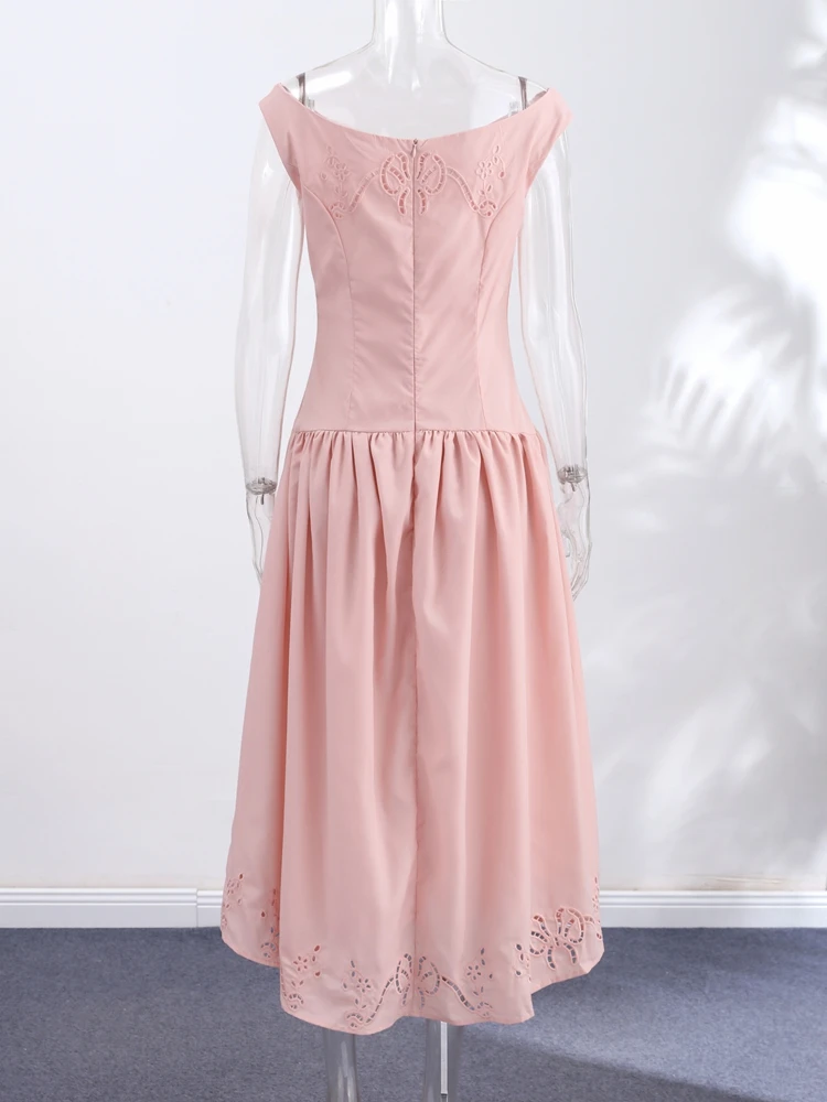 Schulterfreies, besticktes, tailliertes langes Kleid für Damen – Luxuriöses, weit ausgestelltes, schmales Party- und Abendkleid – Elegantes Damen-Vestido Longos – Detail 5