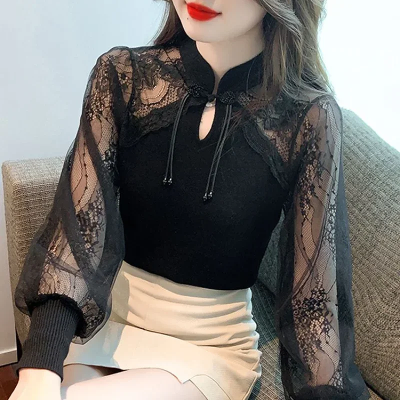 

Fashion Design Youth Style Lace Button Splicing Hollow Out Sexy Long Sleeved Tops Women Spring Autumn New Stand Collar Pullover