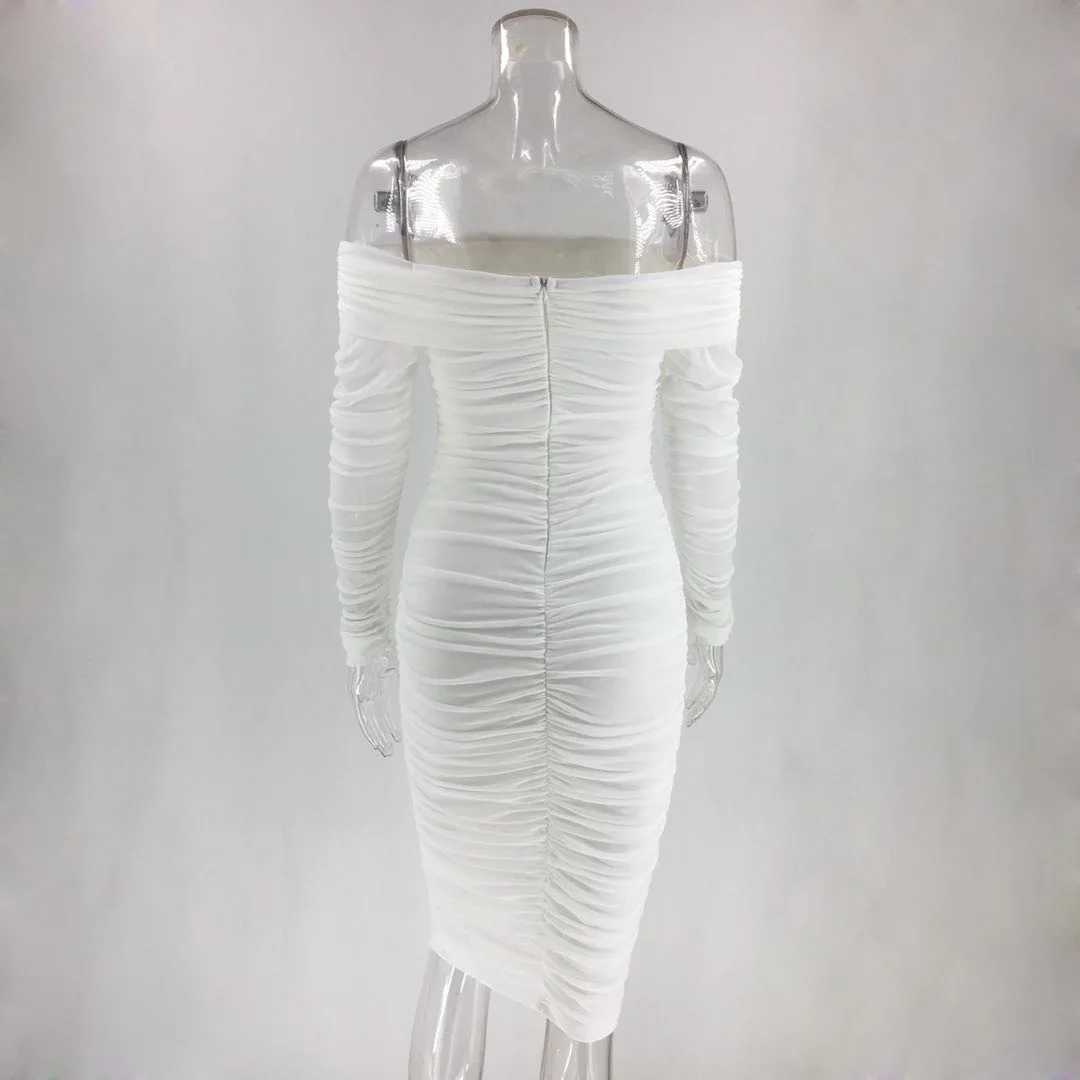 2024 Autumn Solid Color Sexy Slim Party Long Sleeve Off Shoulder Pleated Dress