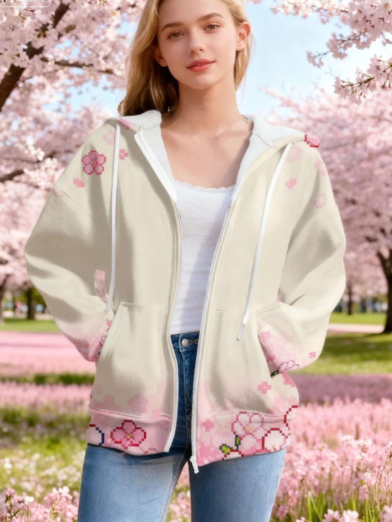 طباعة ثلاثية الأبعاد كاملة الطباعة بكسل الفن أزهار الكرز وجنود يوم المحاربين القدامى صورة ظلية شعار هوديي نمط: دمج إبداعي من Ame #4