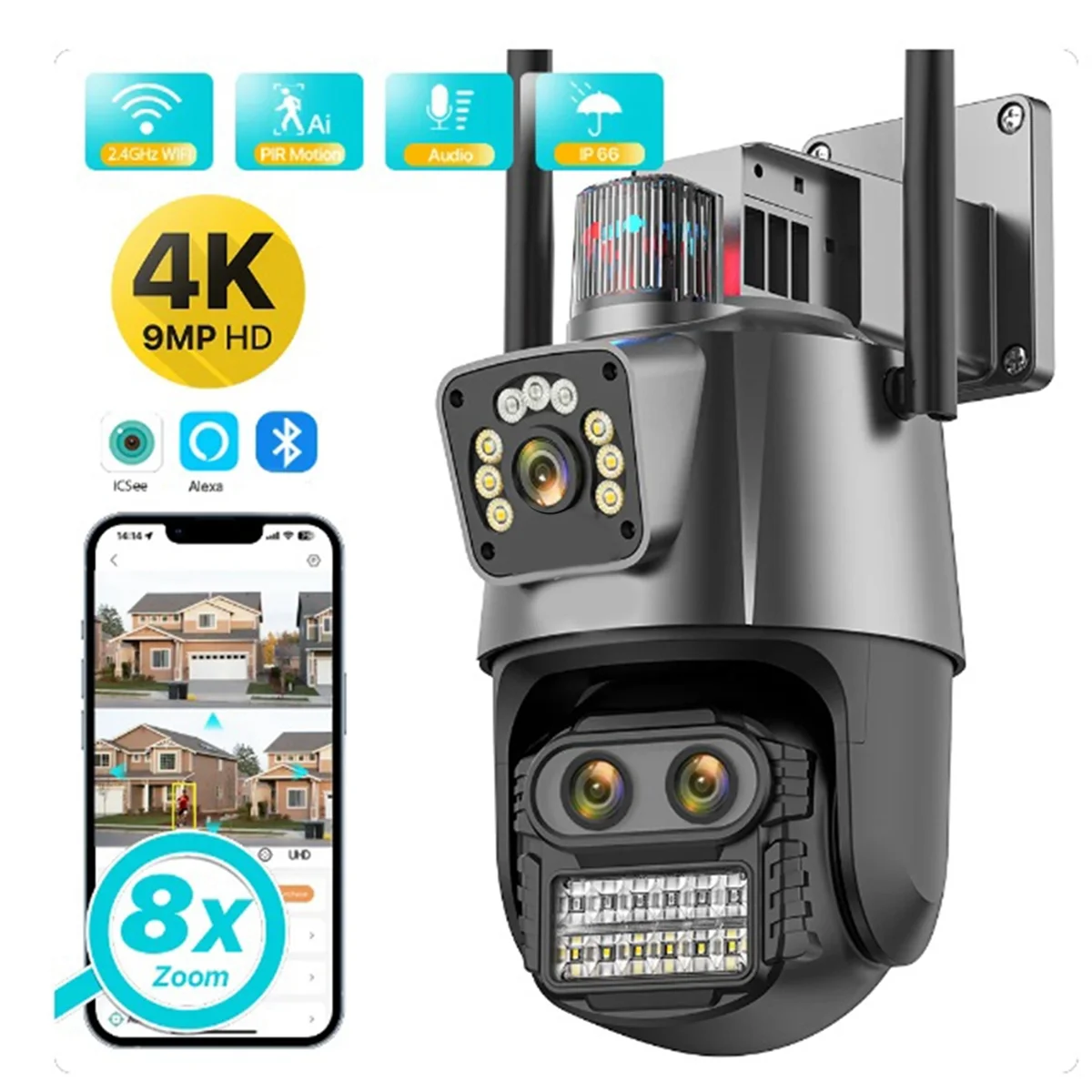 Outdoor PTZ Camera 9MP 4K HD 8X Hybrid Zoom Triple Lens Dual Screen Wifi IP Camera Alarm CCTV Surveillance EU-Plug