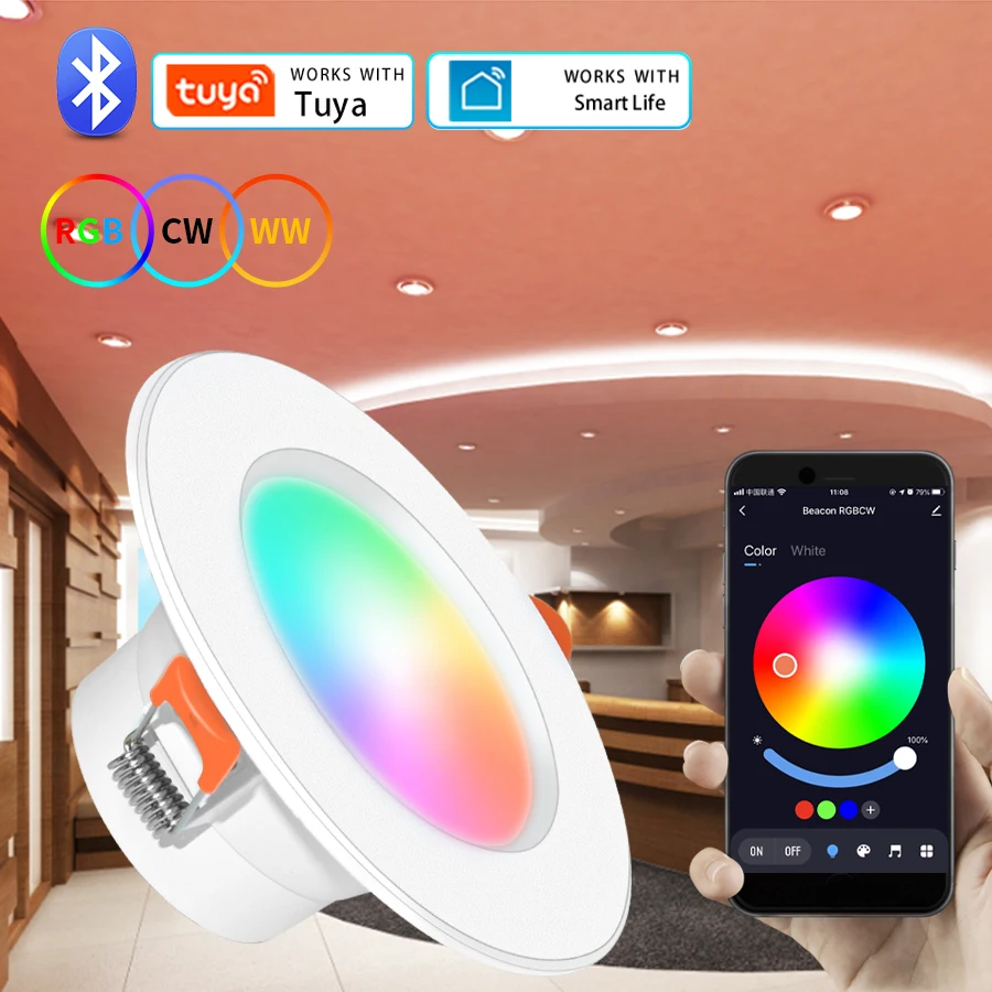 RGB Tuya LED typu Downlight ściemnialne reflektory Bluetooth inteligentna lampa sufitowa oświetlenie wpuszczane inteligentne życie oświetlenie Led