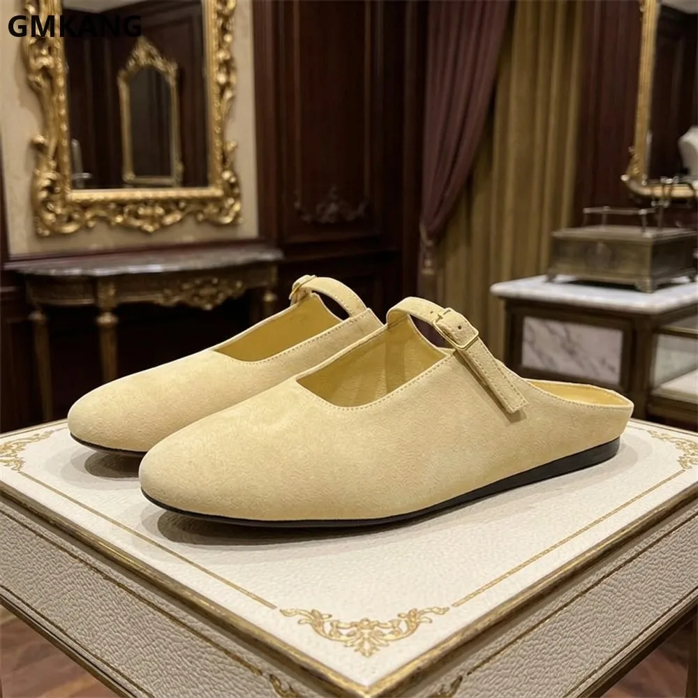 GMKANG Women's Suede Leather Slippers Spring Round Toe Buckle Strap Mary Jane Shoes Lightweight Comfort Flat for Outdoors