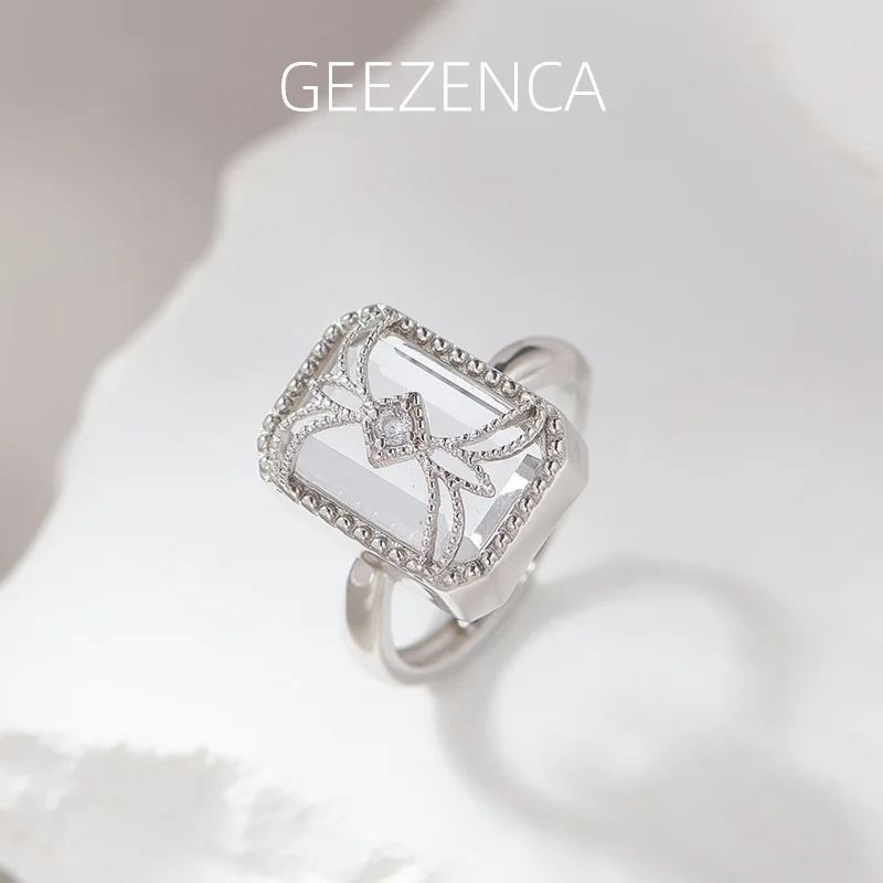 GEEZENCA Natural White Crystal 925 Silver Resizable Ring For Women Clear Stone Chic Geometric Luxury Wide Rings 2024 New Gift