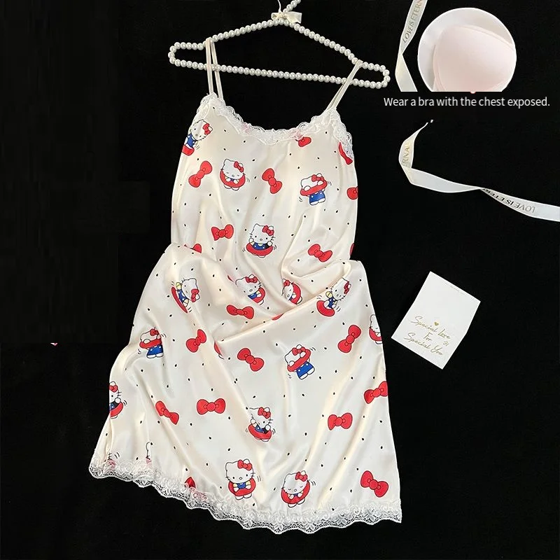

Sanrio Hello Kitty Sexy Pajamas Dress Women's Skirt Summer Long Dresses Sleeveless Sleepwear Halter Nightdress Evening Home Wear