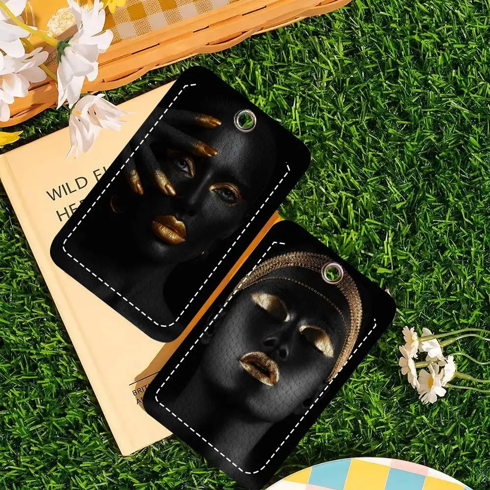 Black Skin Woman Golden Makeup Card Wallet With Keychain PU Leather Printed Pattern Card Holder