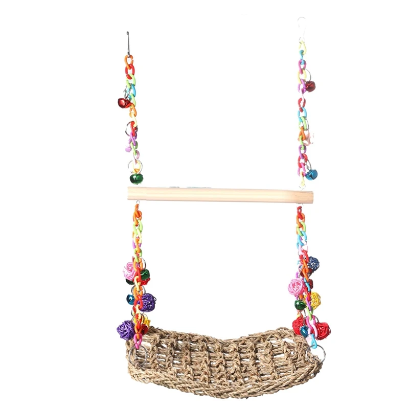 

Bird Swing Toys With Bells Bird Seagrass Woven Platform With Wood Perch Stand,Bird Climb Hanging Hammock