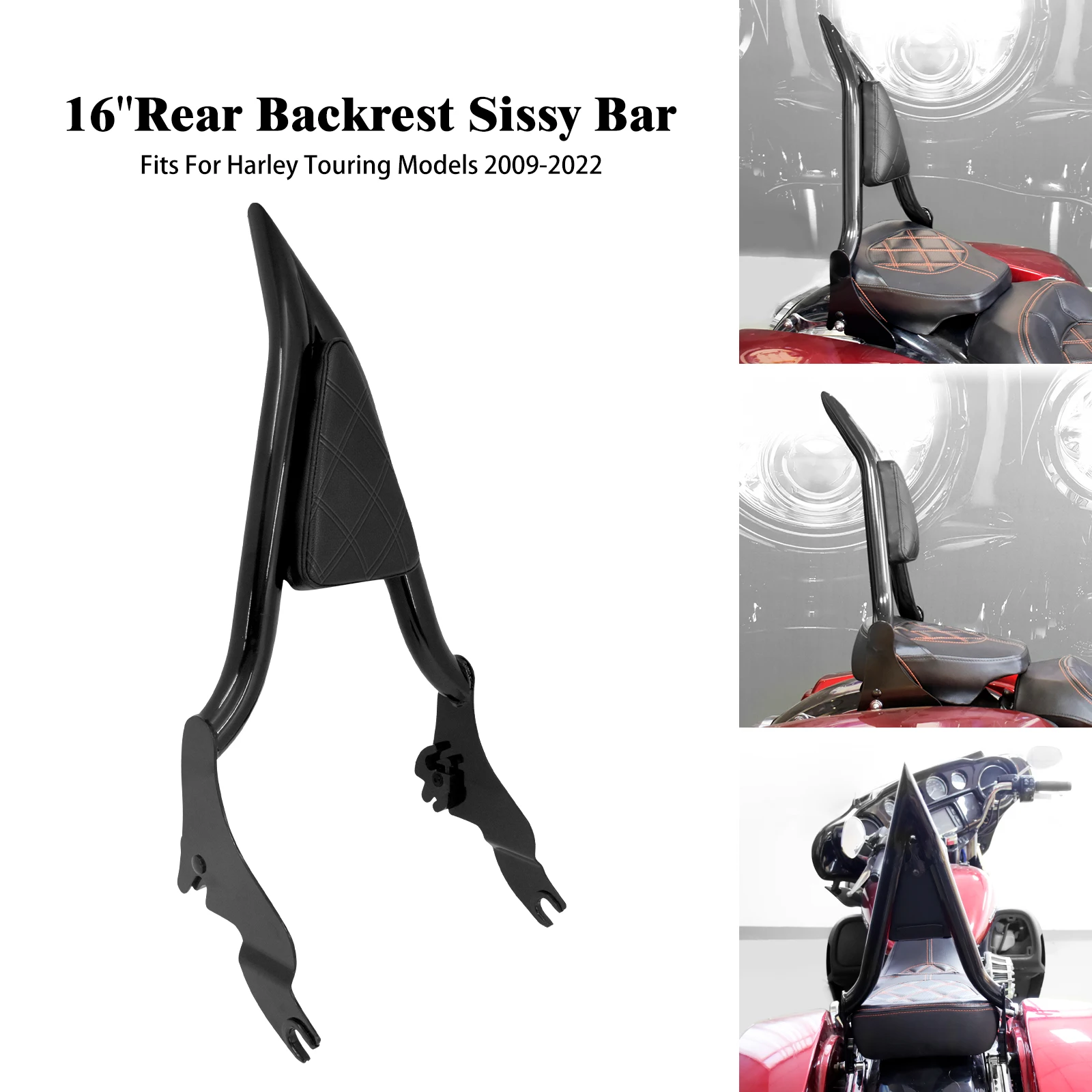 

Motorcycle Detachable Black Rear Passenger Backrest Sissy Bar 16 Inch For Harley Touring Electra Glide Ultra Limited FLHR 09-23