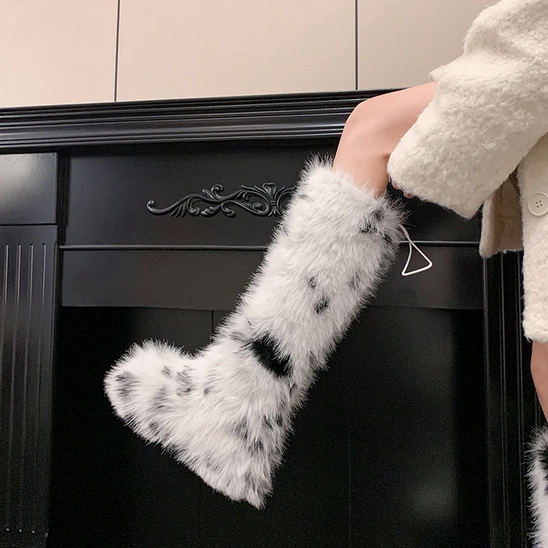Women's new winter leather cowhide warm wool thick soled high heels and knee retro snow boots, short boots, runway fashion boots