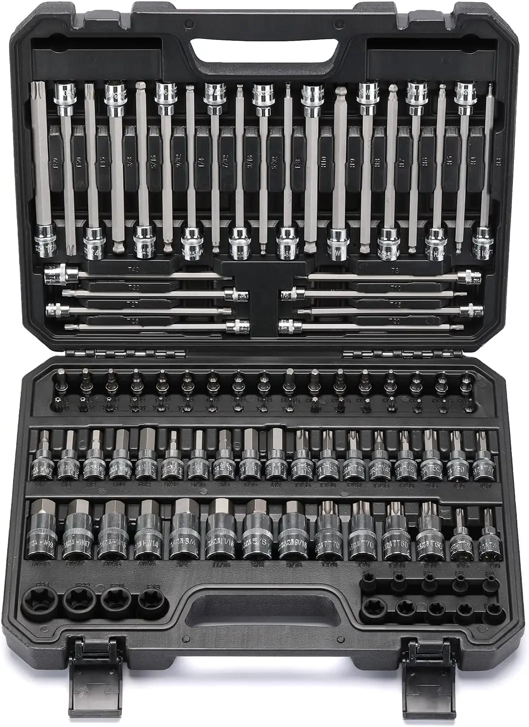 

107-Piece Socket Bit Set with 1/4", 3/8" and 1/2" Drive, Torx/Hex/Ball End Hex, SAE/Metric S2 Steel
