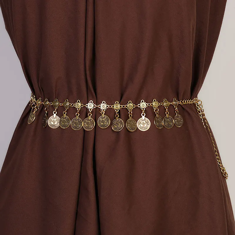 Fashionable Retro Ethnic-Style Metal Pendant and Ancient Coin Women’s Belt Unique Bohemian Fringe Accessory Waist Chain