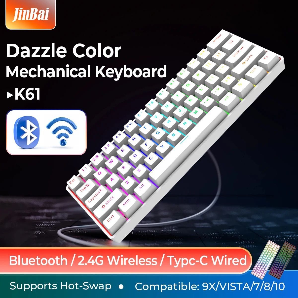 

Mini Mechanical Keybaord 61Keys Office Keybaords 3Mode USB/2.4G/Bluetooth Wired Full Key Hot Swap RGB Backlight Gaming Keyboard