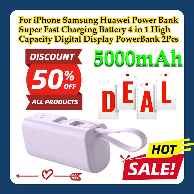 

For iPhone Samsung Huawei 5000mAh Power Bank Super Fast Charging Battery 4 in 1 High Capacity Digital Display PowerBank 2Pcs
