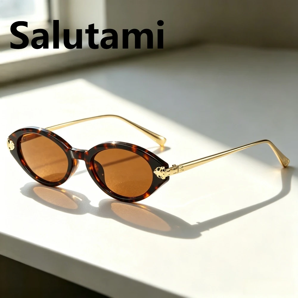 2026 New Fashion Cat-Eye Metal Frame Sunglasses for Women Oval Leopard Head Decoration Unisex Outdoor Uv400 Protection Shades
