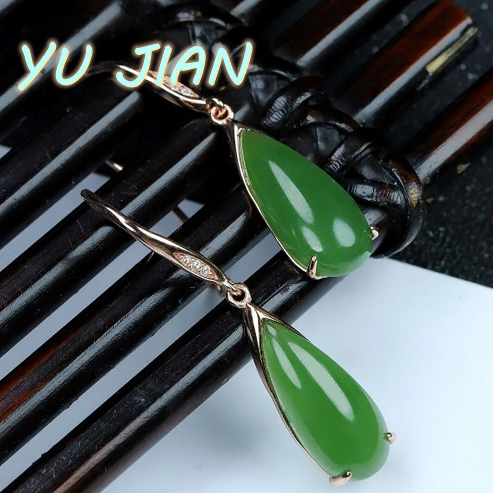 New A Jasper Water Drop Earrings 925 Silver With Natural Emerald Jade Dangler Exquisite Eardrop Jewelry Fine Holiday Gift