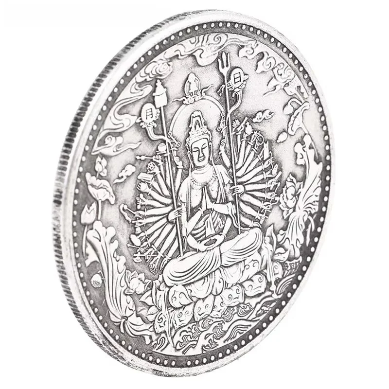 1PC Silver Ancient Coins Collection Buddhist Thousand Hand Guanyin Heart Sutra Buddha Statue Auspicious Ornament Gift