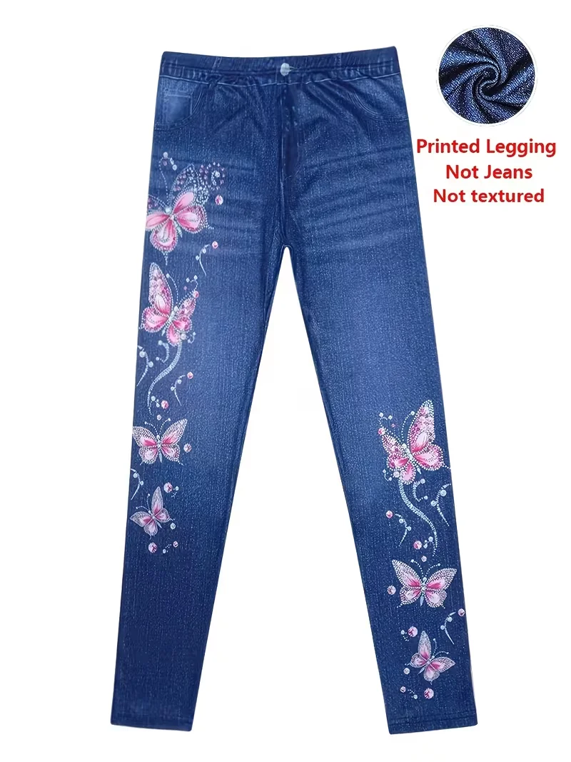 Bedruckte Leggings für Damen, kein Denim-Stoff, Hosen mit aufgesetzter Tasche und Knopfdruck-Design, hochelastisch, modisch, schmal geschnitten, lässig. – Detail 4