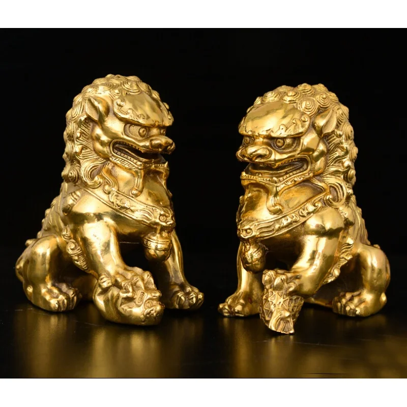 China old Classic Archaic Bronze lion pair Fu Foo Dog guard Statues lions 15.5cm