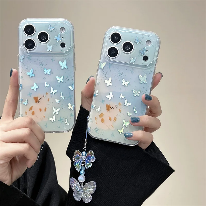 Korean Laser Cute Butterfly Cat Phone Case For iPhone 17 Pro 16 15 14 Pro Max Cover with Pendant Shockproof Protective Cases Fun