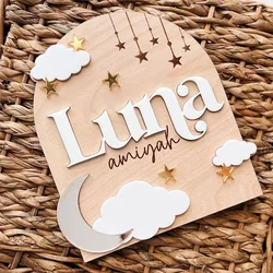 Personalized Moon and Cloud Baby Announcement Board Custom Baby Name Plaque Birth Announcement Statistics Newborn Photo Props