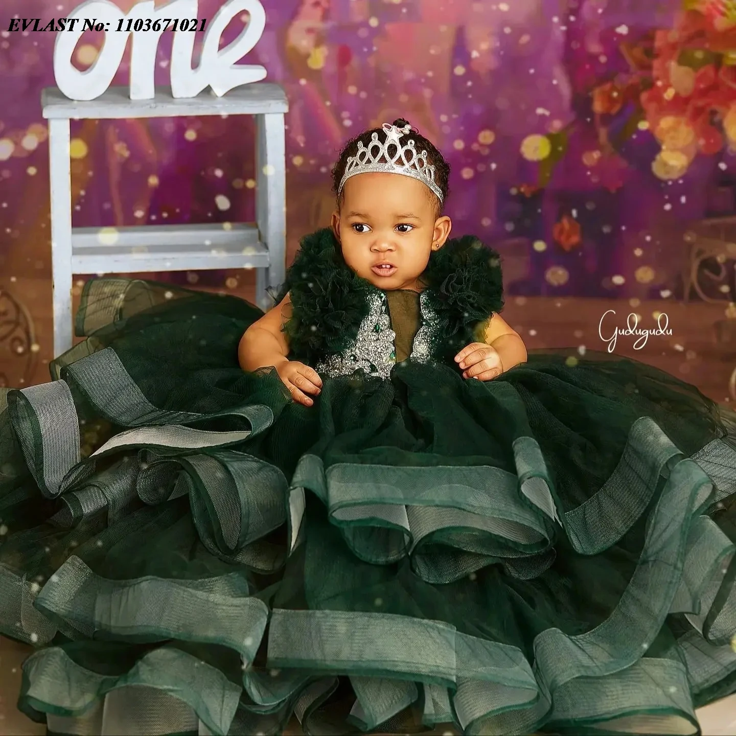 

EVLAST Customized Dark Green Flower Girl Dress Ruffles Tiered Crystal Beaded Little Girl Peageant First Communion Gown FD66