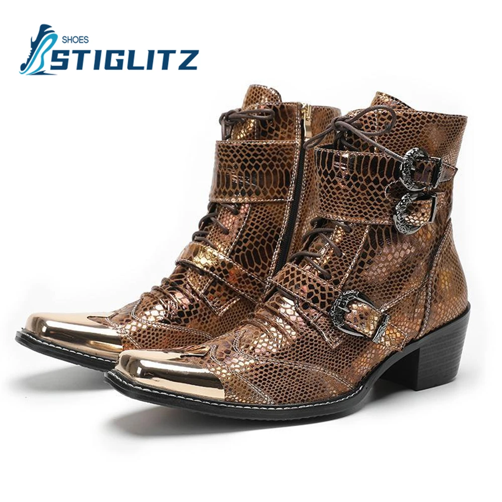 

New Rivet Buckle Snake Pattern Genuine Leather Men's Shoes Square Toe Lace-Up Ankle Boots Luxury Men's Casual Shoes Cowboy Boots